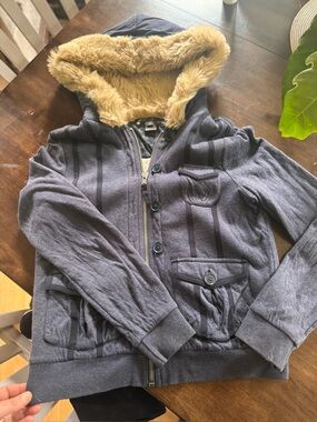 Marc Jacobs Navy Hooded Puffer Jacket with Faux Fur Trim